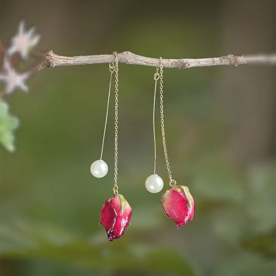 Picture of Handmade Long Real Rose Dangle Earrings with Pearls 