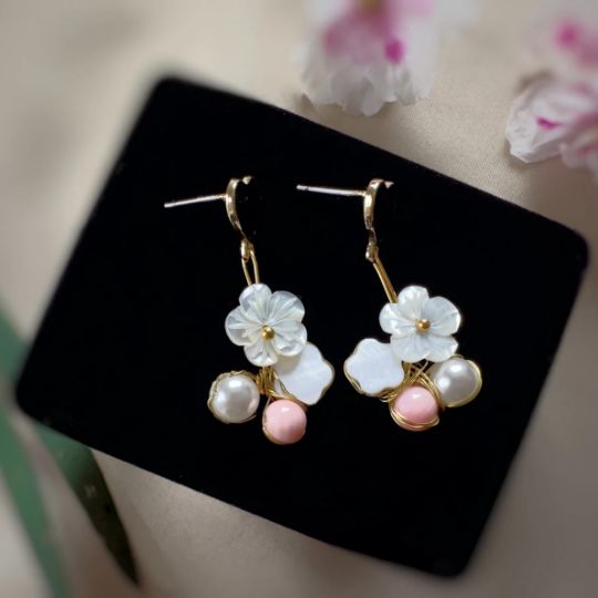 Picture of Mother of Pearl Flower and Freshwater Pearl Earrings