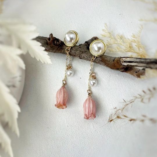 Picture of Real Bellflower Drop Earrings - in Blue, Pink, and Beige