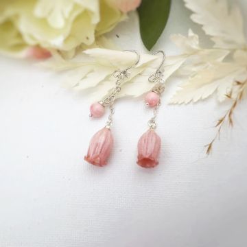 Picture of Handmade Real Bellflower Earrings with Natural Stone Beads