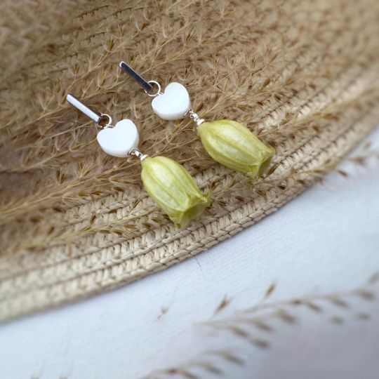 Picture of Real Bellflower Heart Charm Earrings