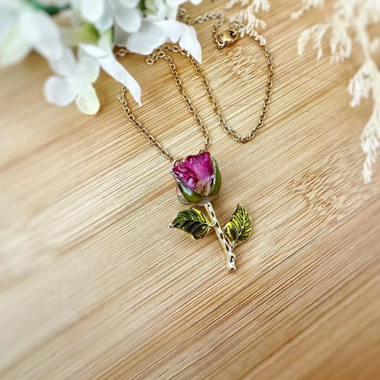 Picture of Real Rose with Brass Leaf Branch Necklace