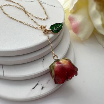 Picture of Real Rose Necklace with Green Leaf Charm